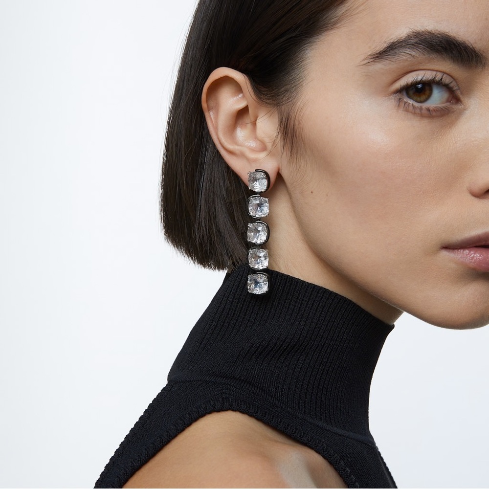Swarovski Harmonia drop earrings, Cushion cut floating crystals, White - Picture 2 of 5